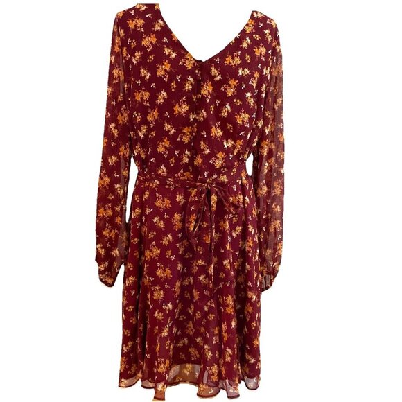 MSK Fit and Flare Dress Womens L Ruby Wine Sheer Micro Floral Fairy Whimsical - Picture 1 of 15